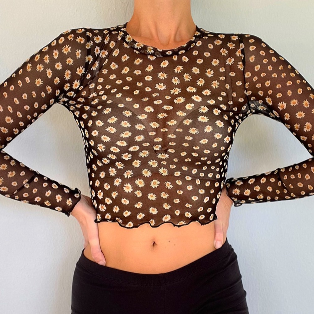 Gaze black sheer mesh sunflower print lettuce trim crop top size XS
